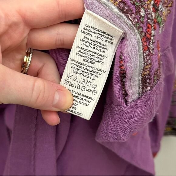 Free People Embroidered Linen Dress Tunic Size XS Purple Tie Front Embellished - Picture 8 of 9